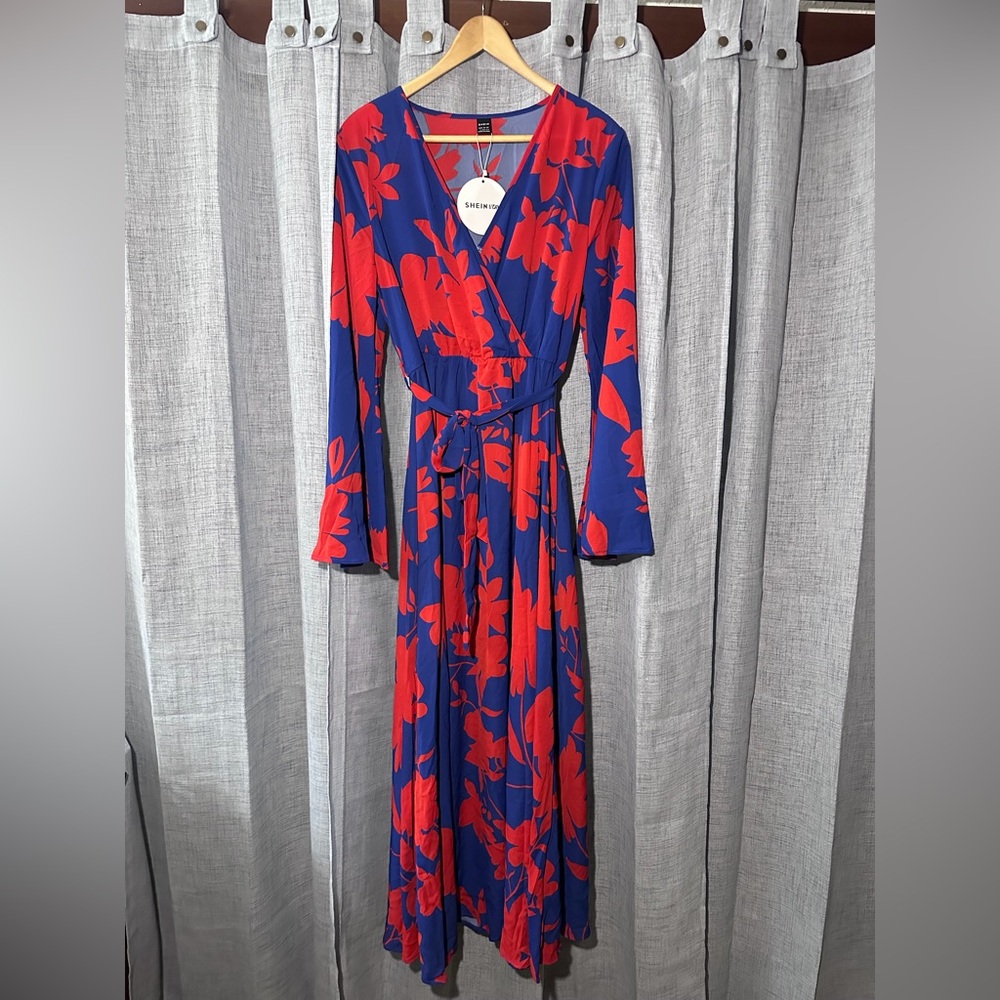 SHEIN Vibrant Blue and Red Floral Long Sleeve Dress